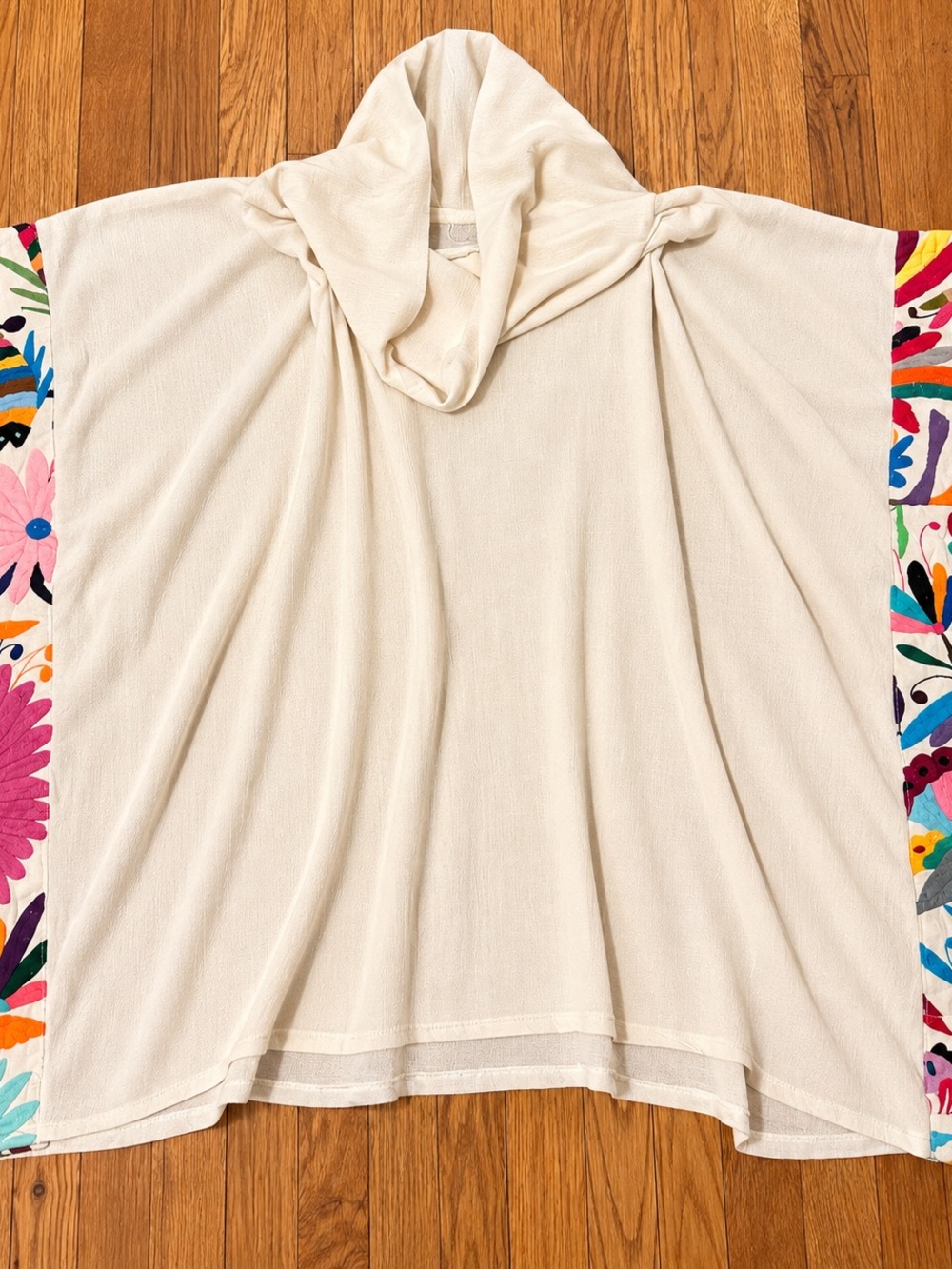 Cream Hooded Poncho with Bright Floral Side Embroidery